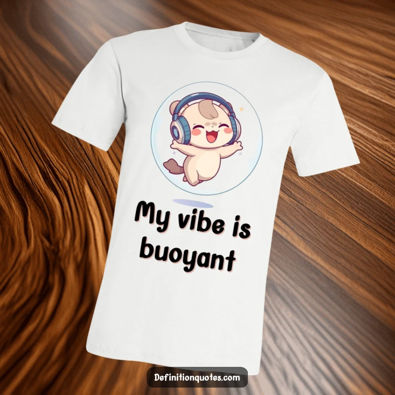 Funny T-Shirt: A small creature wearing oversized headphones enthusiastically dancing within a shimmering bubble, a joyful sight.
