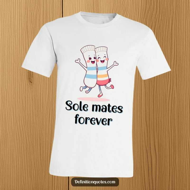 Funny t-shirt illustration of a happy sock gleefully dancing hand-in-hand with a different, mismatched sock.