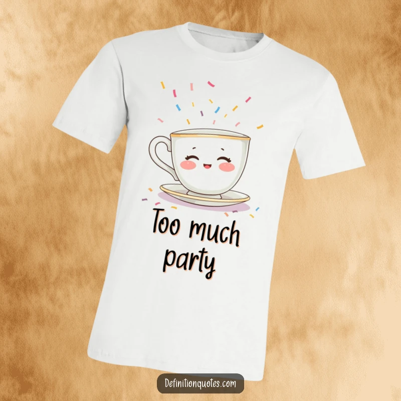 Funny t-shirt featuring a shy teacup character with rosy cheeks hiding from falling confetti, a hilarious introvert gift.