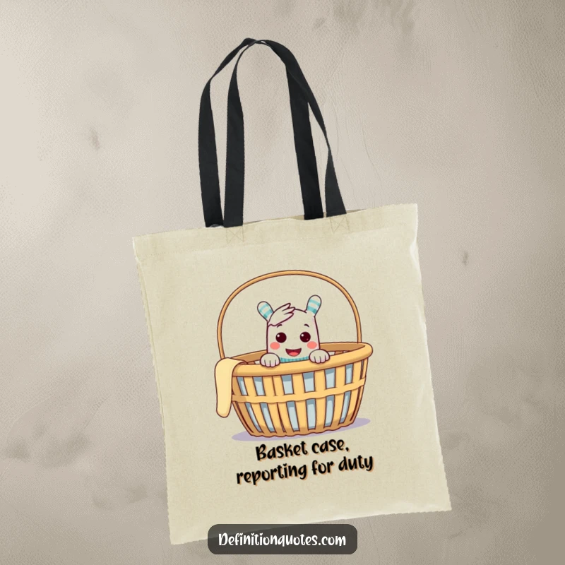 Funny tote bag with a cheeky sock puppet peeking from an empty laundry basket, symbolizing playful mischief and practicality.