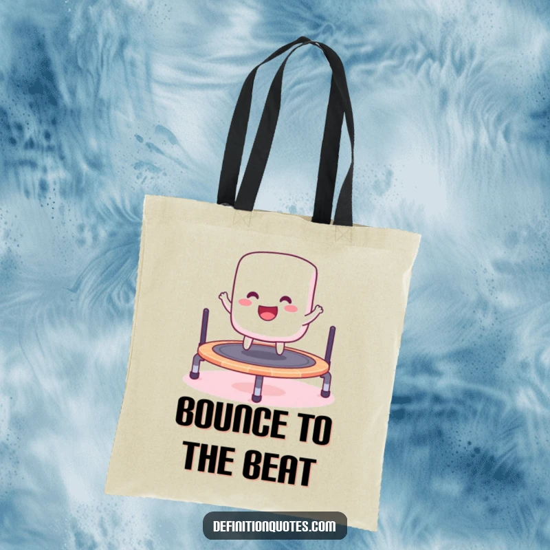 Funny tote bag showcasing a cheerful marshmallow joyfully bouncing on a miniature trampoline, perfect for everyday adventures.