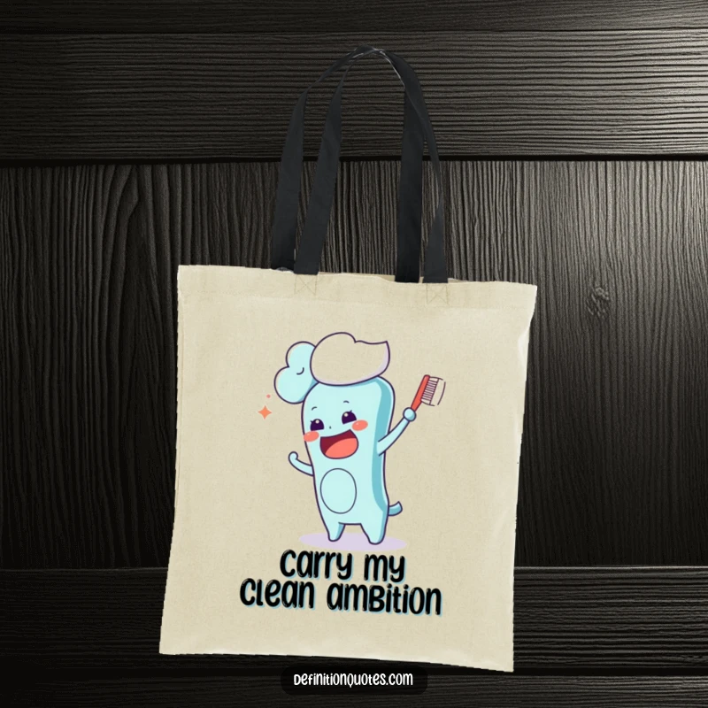 Funny Kawaii toothbrush character engaged in a comical brushing attempt on a cloud, depicted on a durable and humorous tote bag.