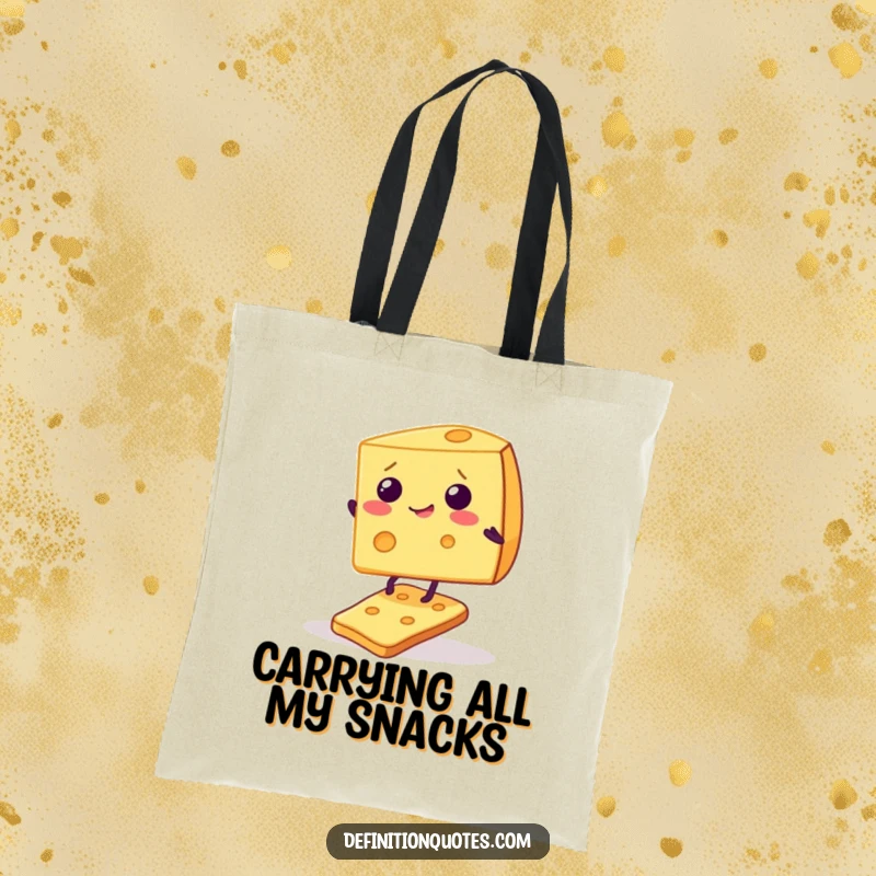Funny tote bag showcasing a giggling cheese wedge attempting a precarious balance on a single, wobbly cracker, a charming food-themed accessory.