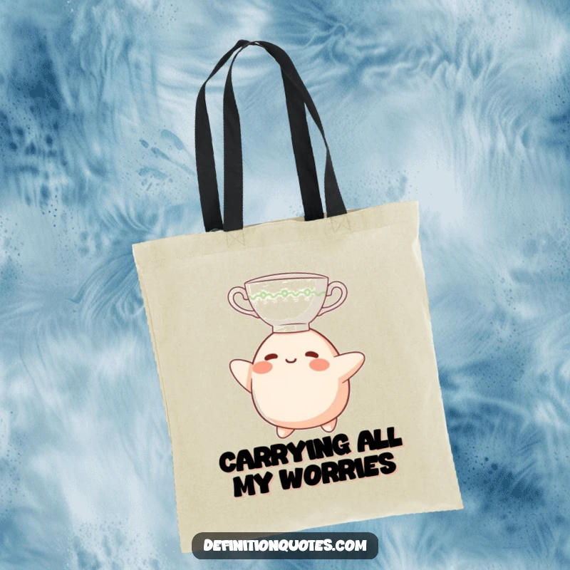 Funny Tote Bag: A small, determined blob character balancing a teacup on its head, ready for any task.