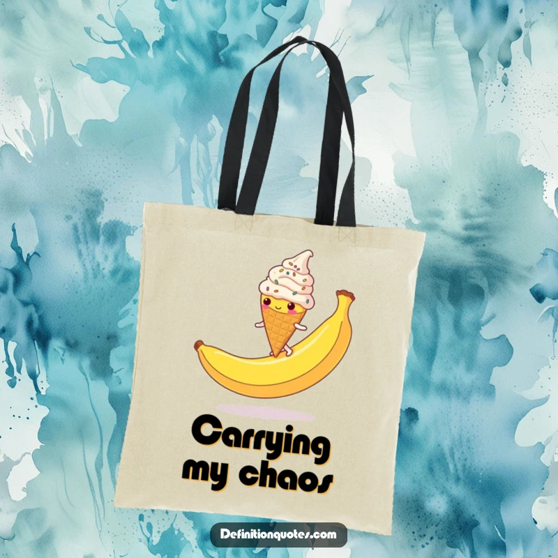 Funny Ice Cream Cone Tote Bag: A clumsy, sprinkle-covered character slipping on a banana peel, a spacious and funny bag.
