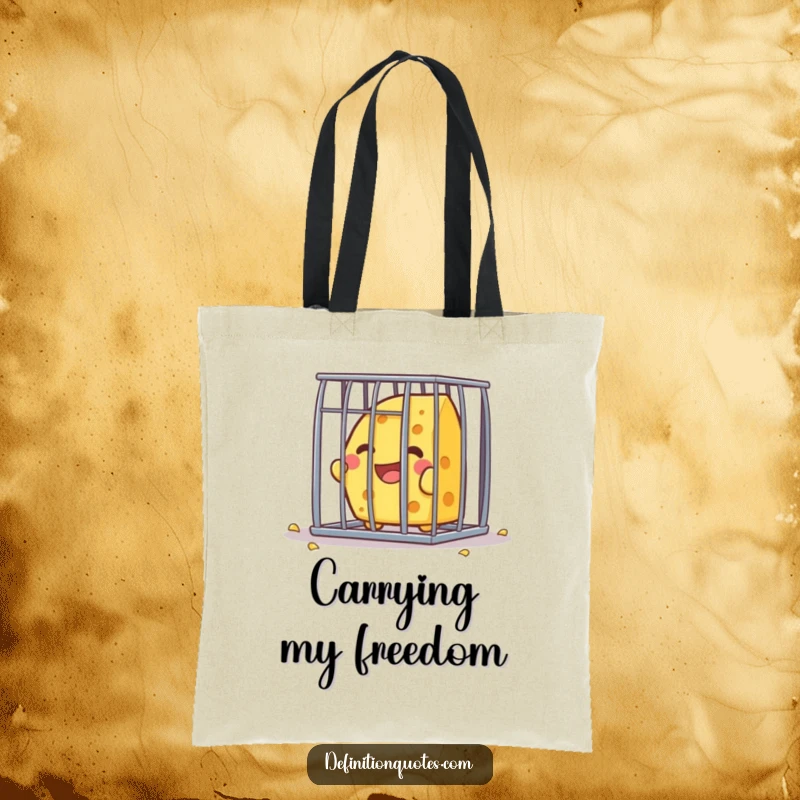 Funny Kawaii cheese character, joyfully breaking free from a tiny cage, on a stylish and humorous tote bag.
