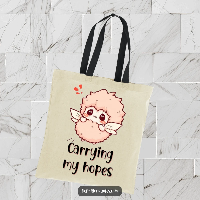 Funny bewildered slipper character with paper wings attempting flight, on a durable tote bag.