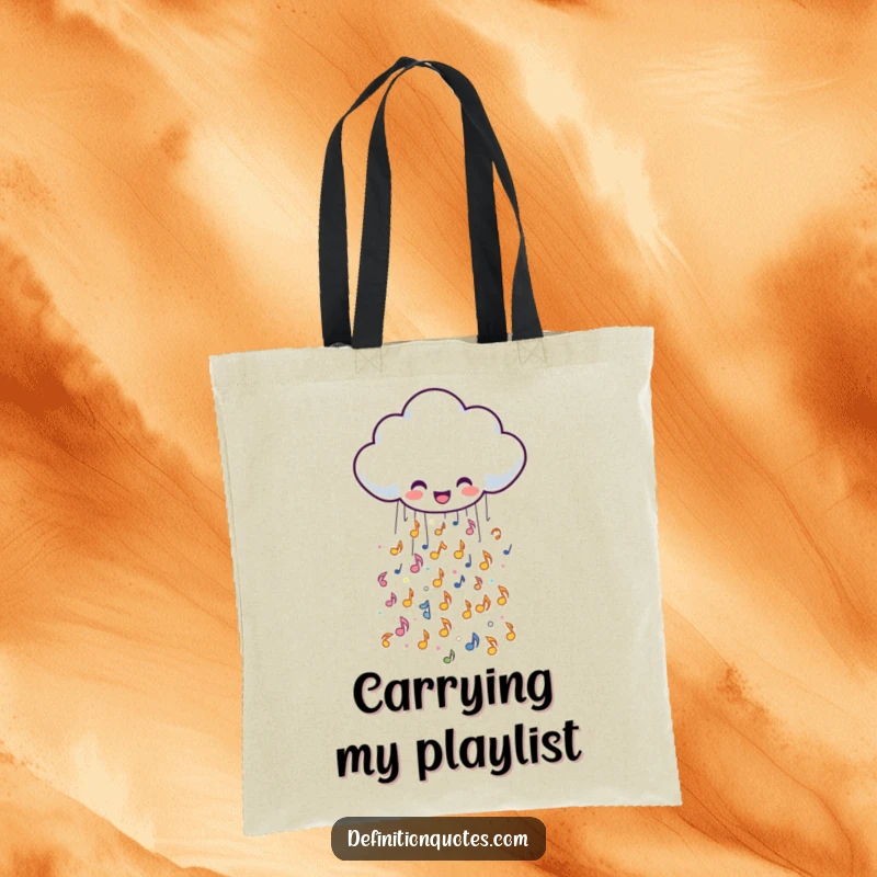 Funny tote bag illustrating a cheerful rain cloud character spilling a cascade of tiny, sparkly musical notes, perfect for music lovers.