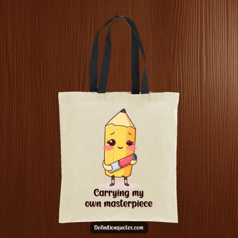 Funny tote bag showcasing a blushing pencil character with an eraser, humorously attempting to draw itself, ideal for carrying art supplies.