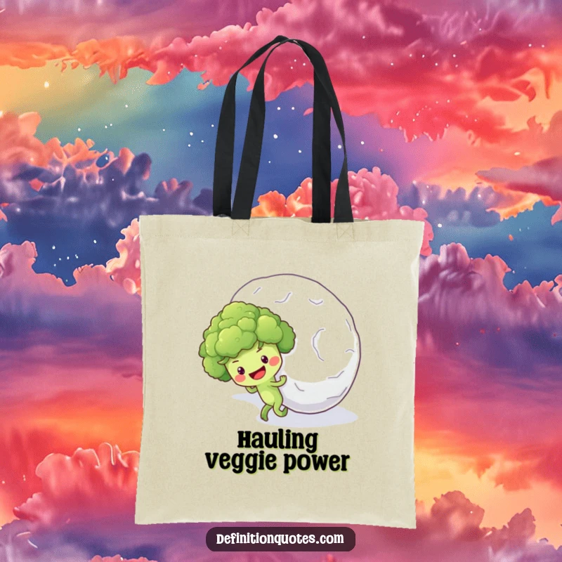 Funny tote bag illustration of a hopeful broccoli floret character pushing an enormous snowball uphill with all its might.