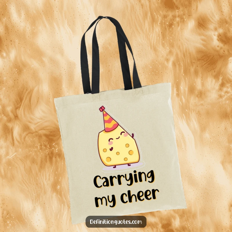 Funny Tote Bag: Jolly cheese wedge attempting to balance a tiny party hat, a humorous and practical accessory.