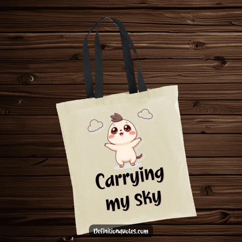 Funny Tote Bag: A tiny creature with googly eyes happily juggling three small clouds, ready for errands.