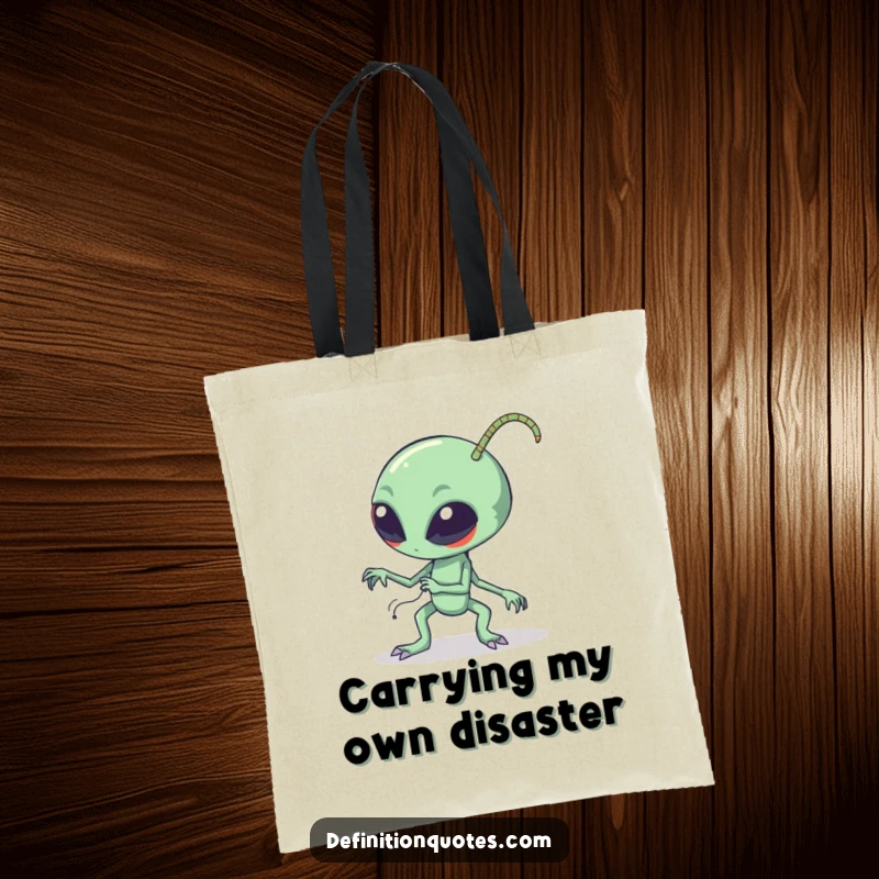 Funny clumsy alien tripping over its long bendy antennae, printed on a durable tote bag, illustrating space-themed slapstick humor.