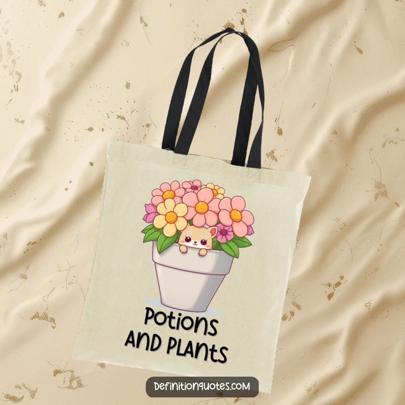 Funny tote bag with a delightful small creature peeking out from a giant flower pot, ready for adventure.