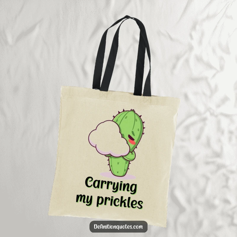 Funny Kawaii cactus character, looking uncomfortable while hugging a cloud, on a stylish and humorous tote bag.