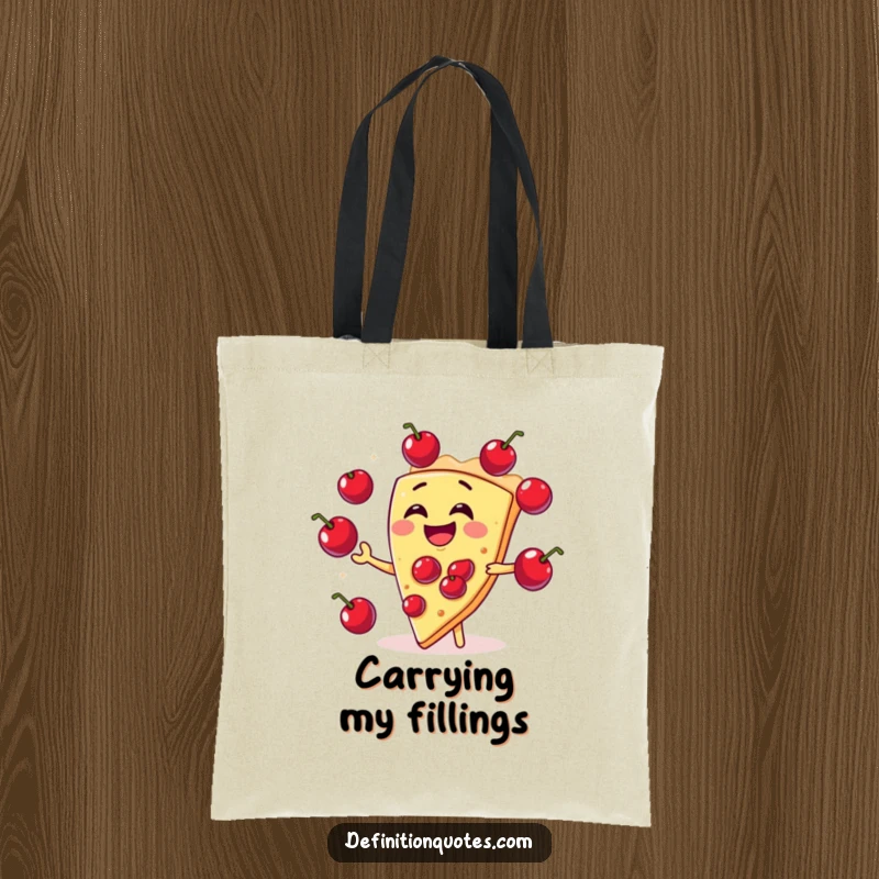 Funny laughing pie slice on a tote bag juggling cherries, showcasing a fun and festive dessert theme.