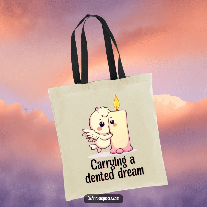 Funny tote bag with a playful winged character gently bumping into a rainbow, leaving a small dent, a magical accessory.