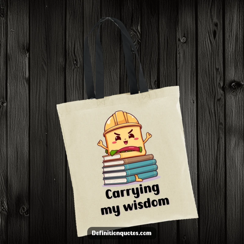 Funny Sandwich Hard Hat Tote Bag: A determined sandwich with a hard hat carrying wobbly books, a practical and funny bag.