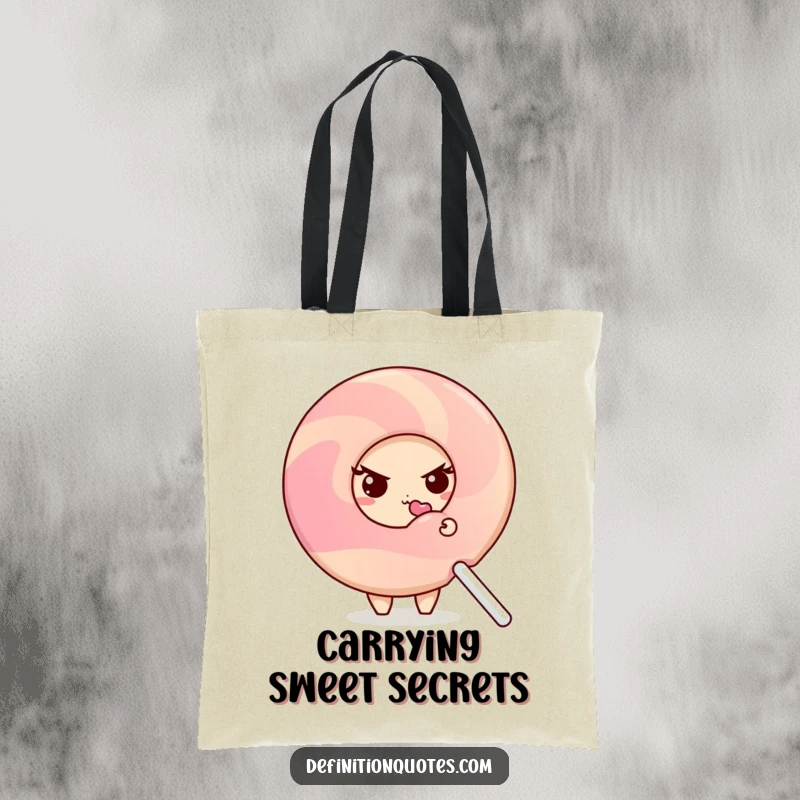 Funny shy donut character peeking from behind a large lollipop, on a durable tote bag for a humorous touch.