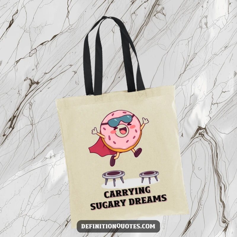 Funny tote bag with a giggling donut superhero in a cape leaping high over miniature trampolines, a playful design.