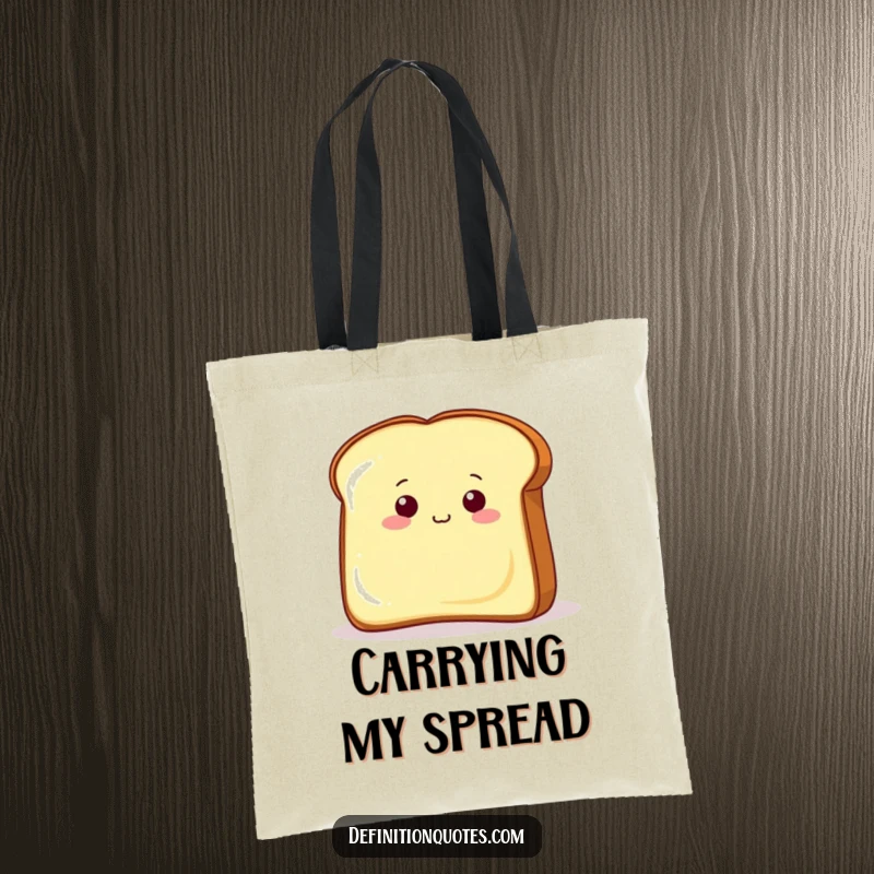 Funny piece of toast peeking from behind a giant butter pat on a tote bag, perfect for carrying groceries and smiles.