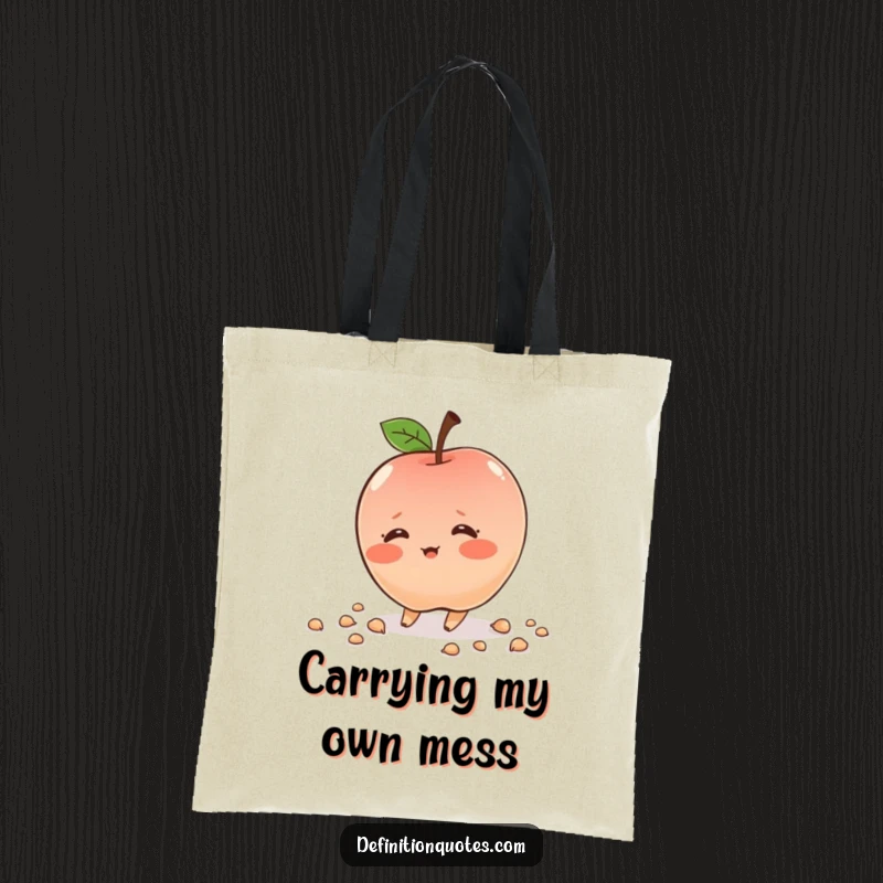 Funny apple character, tripping and scattering seeds, cute tote bag, carrying humor and essentials, perfect gift.