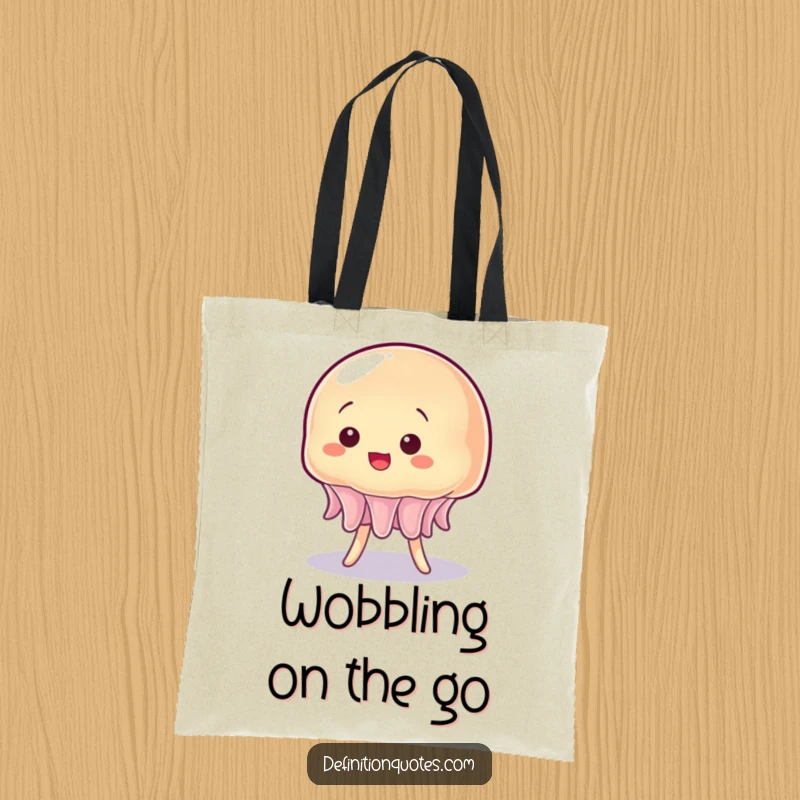 Funny tote bag featuring a precarious, wobbly jelly character making a comical effort to stand tall.