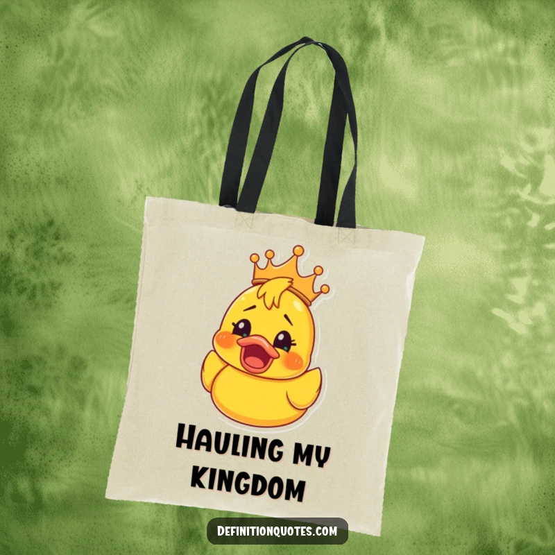 Funny Rubber Ducky Crown Tote Bag: Sturdy tote with a rubber ducky in a crown, eyes wide with surprised happiness, a funny and practical accessory.