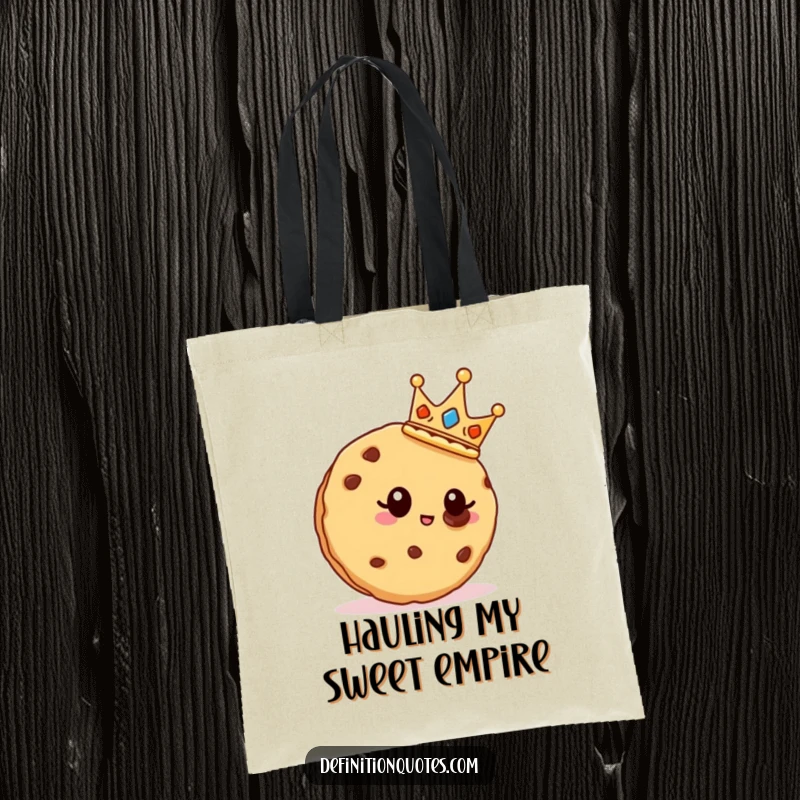 Funny crowned cookie admiring a chocolate chip, on a durable tote bag.