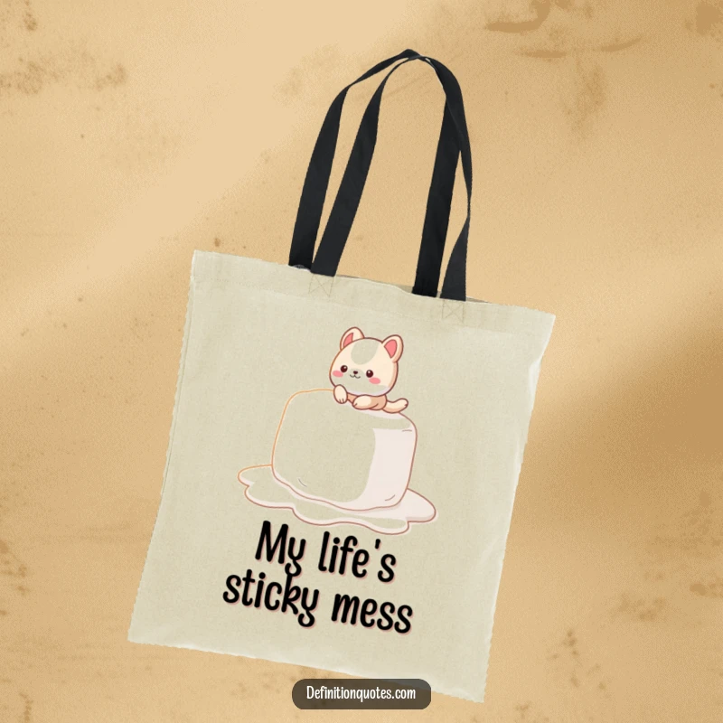 Funny Tote Bag: A cute animal character slipping adorably on a giant, melting marshmallow, ready for errands.