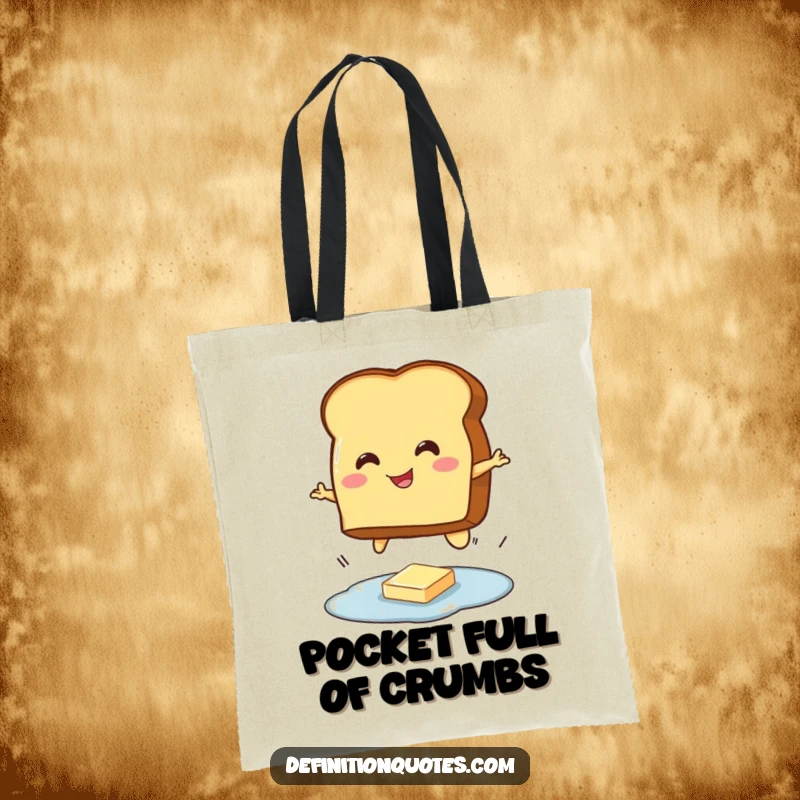 Funny tote bag showcasing a happy toast character leaping over a small butter puddle, ideal for carrying essentials with a smile.