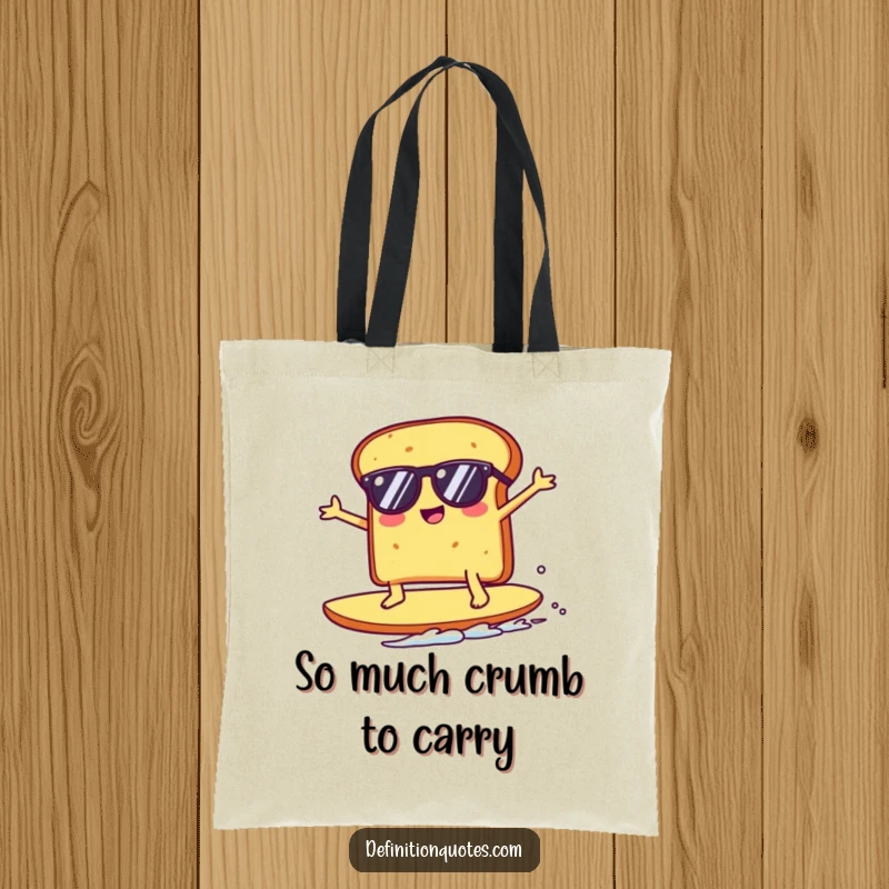 Funny Kawaii toast character, sunglasses on, surfing a huge crumb, featured on a stylish tote bag for a humorous carry-all.